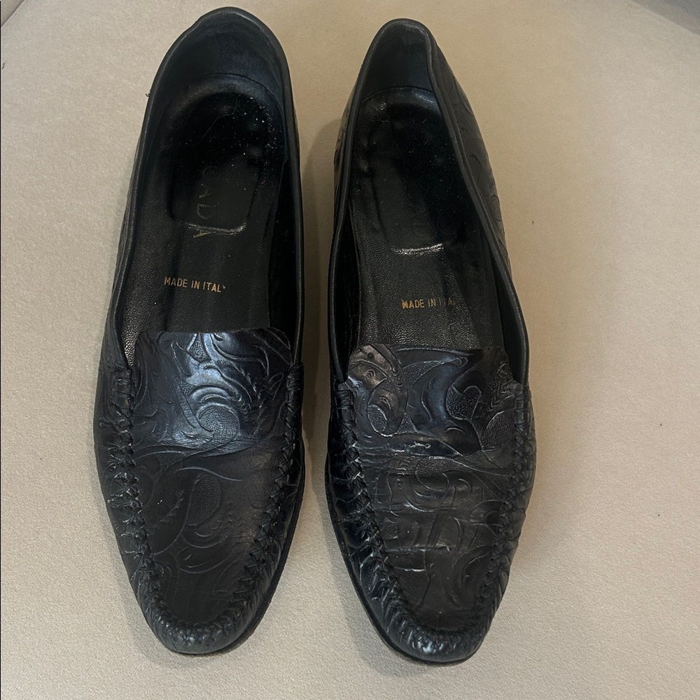 Escada Black Embossed Leather Loafers vintage